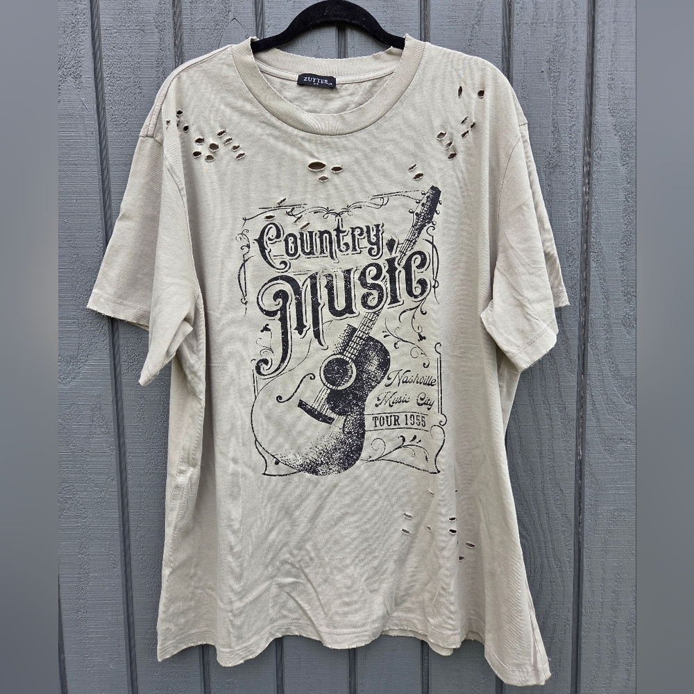 Country Music Graphic Distressed Tee - Beige